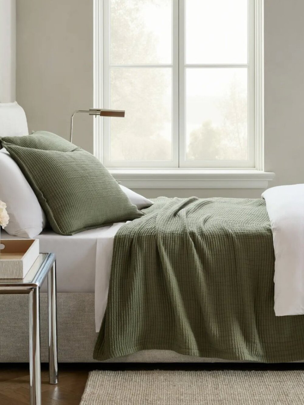 Quince Organic Ribbed Cotton Coverlet Olive Full Queen 88 x 92 NWOT